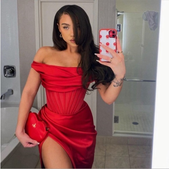 House of CB Lulu red dress- Red asymmetric draped corset midi satin dress - Picture 4 of 14